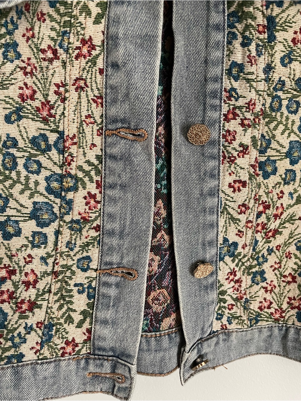 Floral Jacquard Denim Jacket with Peter Pan collar Cottagecore Sz L XL - Picture 5 of 8